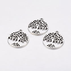 Tibetan Style Alloy Pendants, Flat Round with Tree Pattern, Cadmium Free & Lead Free, Antique Silver, 29x25x1.5mm, Hole: 2mm