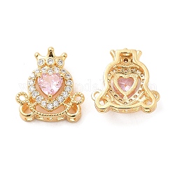 Brass Micro Pave Pink Cubic Zirconia Charms, with Glass, Heart with Crown Charm, Real 18K Gold Plated, 14.5x13x6mm, Hole: 1.2mm