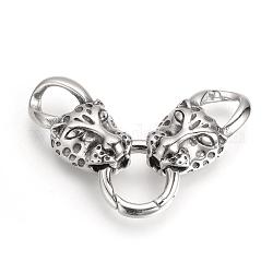 304 anelli porta molla in acciaio inossidabile, o anelli, con due testate cavo, testa di leopardo, argento antico, 72x17x10.5mm