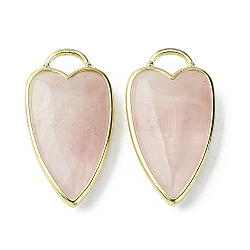 Colgantes naturales de cuarzo rosa, charms del corazón facetas, con cremallera borde de latón chapado en oro claro, 34.5x18x7mm, agujero: 7x5 mm