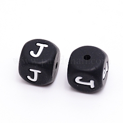 Silicone Beads, Cube with Letter.J, Black, 12x12x12mm, Hole: 2mm