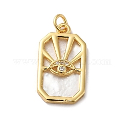Rack Plating Brass Micro Pave Clear Cubic Zirconia Pendants, with Shell & Jump Ring, Long-Lasting Plated, Lead Free & Cadmium Free, Rectangle Octagon with Eye Charm, Real 18K Gold Plated, 22x12.5x2.5mm, Hole: 3mm