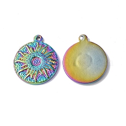 Ion Plating(IP) 304 Stainless Steel Pendants, Textured, Flat Round with Sun Charm, Rainbow Color, 17.5x15x2mm, Hole: 1mm