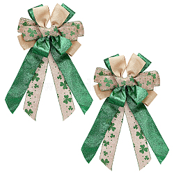 Grandes lazos de cinta de embalaje de poliéster, decoraciones del paquete de la caja de regalos del festival, lazo con patrón de trébol para el día de san patricio, verde mar, 520x285x35mm