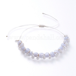 Bracelets de perles tressées en agate de dentelle bleue naturelle ajustables, avec des perles de verre et du fil de nylon, diamètre intérieur: 1-1/8 pouce ~ 2-1/2 pouces (2.8~6.5 cm)