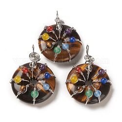 Natural Tiger Eye Pendants, with Platinum Brass Findings, Donut/Pi Disc with Beaded Charms, 41~42x31x11.5~12.5mm, Hole: 5~5.5x3mm