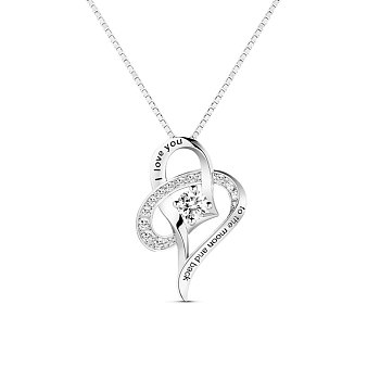 TINYSAND 925 Sterling Silver Heart to Heart Necklace, with Cubic Zirconia, Platinum, 13.5 inch
