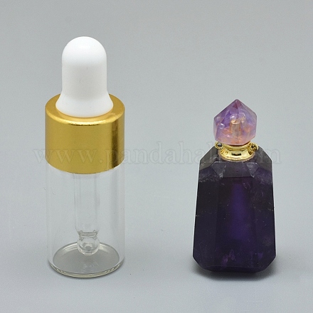 多面的な天然アメジスト開閉可能な香水瓶ペンダント  真鍮のパーツとガラスのエッセンシャルオイルのボトル  30~40x14~18x11~14mm  穴：0.8mm  ガラス瓶容量：3ml（0.101液量オンス）  宝石の容量：1ml（0.03液量オンス） G-E556-04B-1