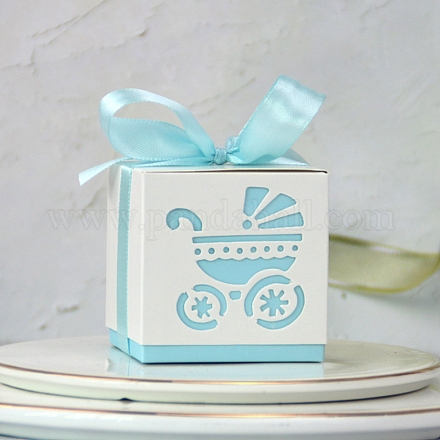 Cochecito hueco bb coche carro caja de dulces regalos de banquete de boda con cintas CON-WH0034-D04-1
