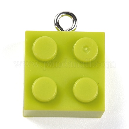 樹脂チャーム  プラチナ鉄ループ付き  おもちゃのレンガ  黄緑  21x15.5x11mm  穴：2.6mm RESI-E017-A19-1