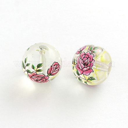Flower Picture Transparent Glass Round Beads GFB-R004-14mm-U11-1