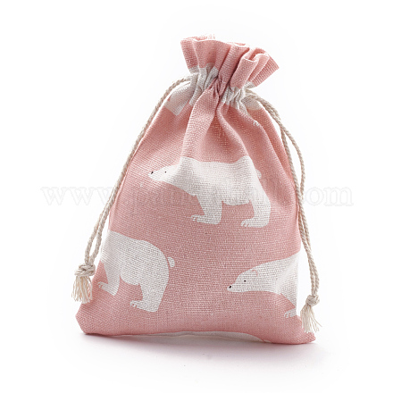 ポリコットン（ポリエステルコットン）パッキングポーチ巾着袋  印刷された白いクマと  ピンク  18x13cm ABAG-S003-01B-1