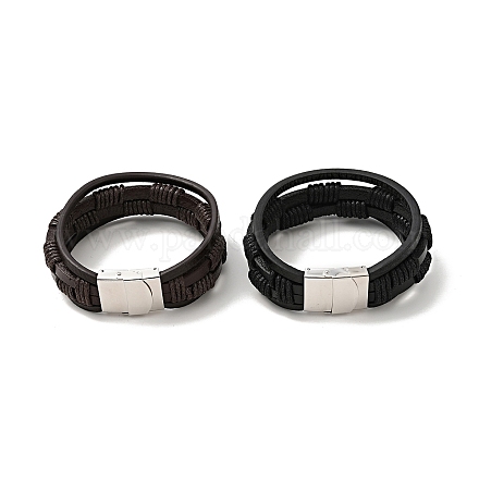 Bracelet multi-rangs tressé en cuir microfibre avec 201 fermoir en acier inoxydable pour homme femme BJEW-C021-06-P-1
