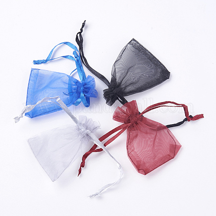 4色オーガンジーバッグ巾着袋  高密度  リボン付き  長方形  耐火レンガ/ブラック/ロイヤルブルー/ライトグレー  ミックスカラー  6.5~7x4.8~5cm  25個/カラー  100個/セット OP-MSMC003-02C-5x7cm-1