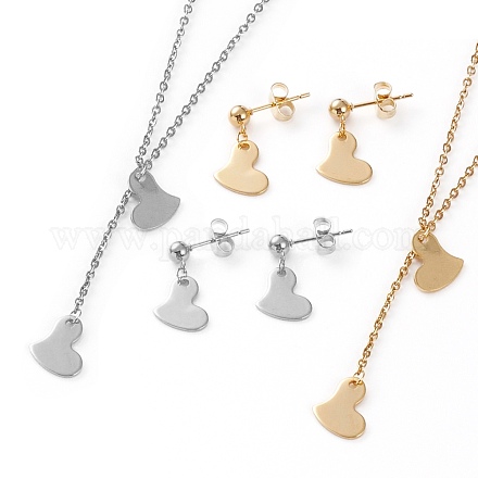 304 Stainless Steel Cable Chains Pendant Necklaces and Stud Earrings Sets SJEW-I205-08-1