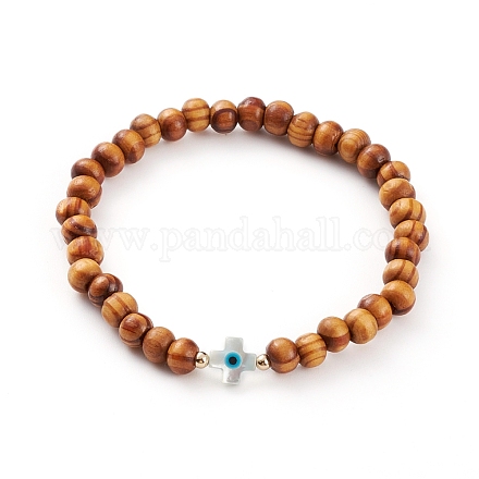 Bracelets extensibles en perles de bois naturel BJEW-JB05848-02-1