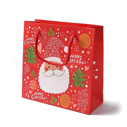 ナイロンコードハンドル付きクリスマスサンタクロースプリント紙ギフトバッグ  レッド  正方形  19.9x19.9x0.5cm  展開：19.9x8.1x19.9cm CARB-K003-01B-02-1