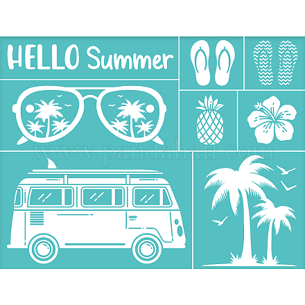 OLYCRAFT 2Pcs Self-Adhesive Silk Screen Printing Stencil Summer Theme Coconut Tree Bus Pineapple Mesh Transfers Silk Screen Reusable Stencil for Painting on Wood T-Shirt Fabric Bags - 280x220mm DIY-WH0338-008-1