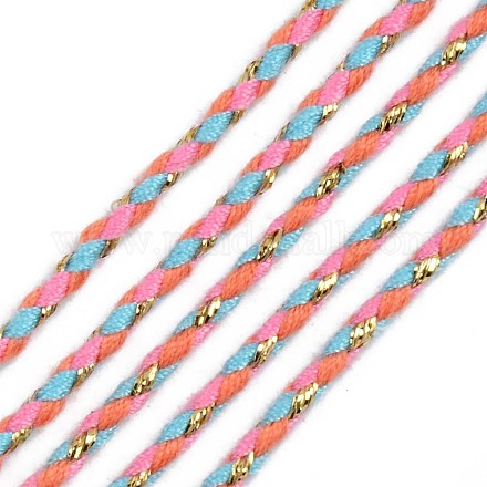 三色ポリエステル編組コード  金のメタリック糸で  編みこみのジュエリー友情ブレスレット作りのために  ショッキングピンク  2mm  約100ヤード/バンドル（91.44m /バンドル） OCOR-T015-B02-1