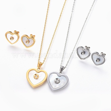 304 Stainless Steel Rhinestone Pendant Necklaces and Stud Earring Jewelry Sets SJEW-L193-07-1