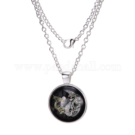 Yin Yang with Dragon and Tiger Pattern Flat Round Glass Pendant Necklaces X-NJEW-N0051-010S-02-1