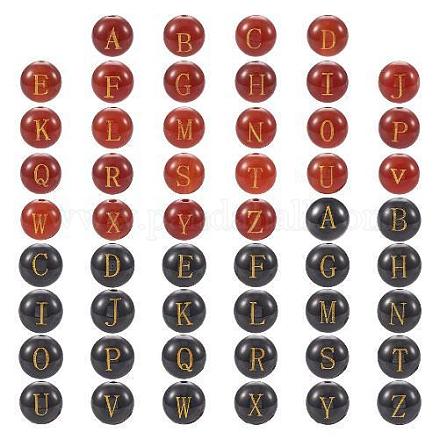 2 セット 2 色の天然黒瑪瑙 & 赤瑪瑙ビーズ  金色文字a~zの刻印あり  ラウンド  8mm  穴：1.2mm  26個/セット  1セット/色 G-TA0001-45-1