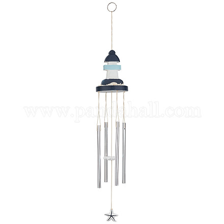 GORGECRAFT Mediterranean Style Wind Chimes Wooden Lighthouse 4 Hollow Aluminum Tubes Decoration Wind Bells with Anchor Starfish Hanging Ornaments for Garden Patio Backyard Home Nautical Themed Decor HJEW-WH0042-34-1