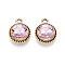 K5 Glass Pendants, Flat Round, Faceted, with Alloy Findings, Light Gold, Pearl Pink, 17~17.7x14x5.2~6mm, Hole: 2mm