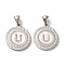 304 Stainless Steel Pendants, Flat Round Shell Charms with Letter, Stainless Steel Color, Letter U, 20.5x17.5x1.5mm, Hole: 2.5x4.5mm