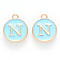 Golden Plated Alloy Enamel Charms, Cadmium Free & Lead Free, Enamelled Sequins, Flat Round, Sky Blue, Letter.N, 14x12x2mm, Hole: 1.5mm