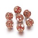 Perles Indonésiennes manuelles, avec strass et les accessoires en laiton, ronde, or clair, rouge, 16.5~18.3x16x16.5mm, Trou: 1.8mm