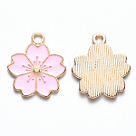 Pendente smaltati in lega, fiore di sakura, oro chiaro, perla rosa, 20.5x17.5x1.5mm, Foro: 2 mm