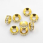 Brass Rhinestone Spacer Beads, Rondelle, White, Golden Metal Color,Size: about 13mm in diameter, 5mm thick, hole: 7mm