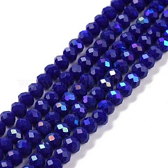 Electroplate opaco colore solido perle di vetro fili, mezzo arcobaleno placcato, sfaccettato, rondelle, blu, 4x3mm, Foro: 0.4 mm, circa 105~110pcs/filo, 38~39cm