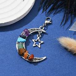 Chakra avvolto in filo sintetico e scaglie di pietra mista naturale e decorazioni in lega con ciondolo luna/stella&nbsp;HJEW-JM01574-01
