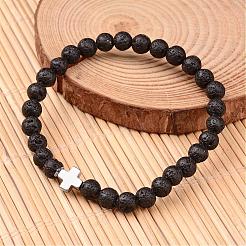 Kreuz natürliche Lava Rock Perlen Stretch Armbänder&nbsp;BJEW-JB02258
