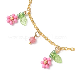 Chaîne de cheville en laiton avec pompon en forme de fleur et perles de verre et howlite naturelle rondes à facettes pour femmes&nbsp;AJEW-MZ00007-02