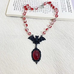 Legierung rotem Glas Fledermaus Anhänger runde Glas Link Halsketten für Halloween&nbsp;NJEW-H075-02PEB