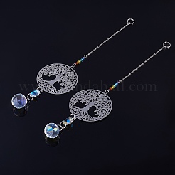 2 attrape-soleil suspendu en acier inoxydable 201 en forme d'arbre de vie et verre cristal arc-en-ciel&nbsp;HJEW-TA00446