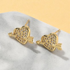Aretes de circonita cúbica transparente con micropavé de latón en forma de corazón&nbsp;EJEW-A132-08G