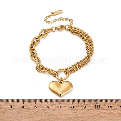 Pulseras con dije de corazón de cadena trenzada y tipo cable de acero inoxidable 304 con revestimiento de iones (IP) para mujer&nbsp;BJEW-H613-01G