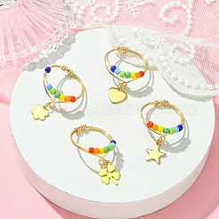 4 anello in 4 stili con semi di vetro color arcobaleno e perline intrecciate con ciondoli&nbsp;RJEW-TA00084