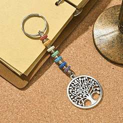 Porte-clés pendentif arbre de vie en pierre de lave naturelle chakra et alliage&nbsp;KEYC-JKC00644-03