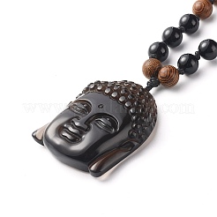 Colliers pendentifs tête de bouddha en cristal de glace naturel obsidienne&nbsp;NJEW-JN03644