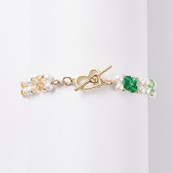 Bracciale con perle di conchiglia e fiore intrecciato con perline di vetro&nbsp;BJEW-TA00087