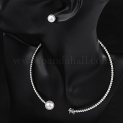 Orecchini rotondi in plastica con perle finte e set di collane girocollo con polsino quadrato in zirconia cubica e strass&nbsp;SJEW-U003-02P