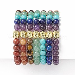 7 pièces 7 bracelets extensibles de pierres précieuses mélangées naturelles et synthétiques de style avec tête de bouddha en alliage perlé&nbsp;BJEW-JB08783