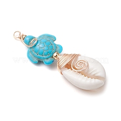 Synthetische türkise Perle mit natürlichen gemischten Kauri-Muschelperlen und umweltfreundlichen Anhängern aus Kupferdraht und Messingperlen&nbsp;PALLOY-TA00233-02