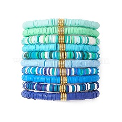 10 bracelet extensible fait main en argile polymère heishi et perles en laiton&nbsp;BJEW-MZ00198