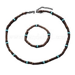 Set di collane e bracciali in guscio di cocco in stile bohémien con perline sintetiche rondelle di turchese&nbsp;FS-WG8D889-05